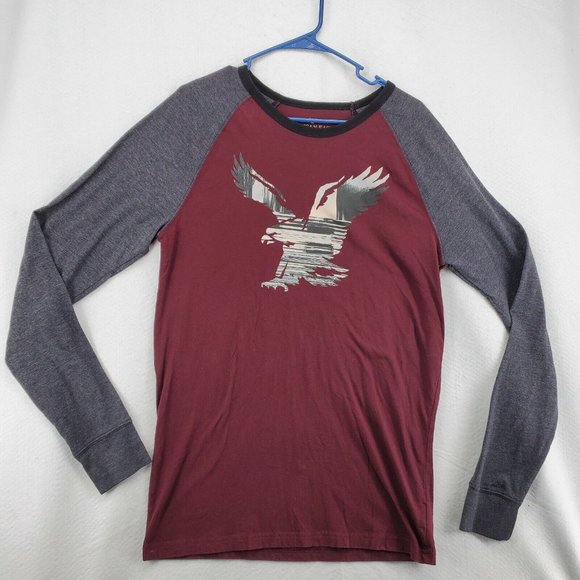 AMERICAN EAGLE Shirt Men's Long Sleeve Crew Neck Pullover Tee Red Gray Medium - Picture 3 of 12